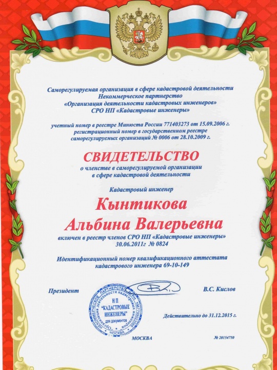 Свидетельство СРО кадастровых инженеров — Кынтикова Альбина Валерьевна